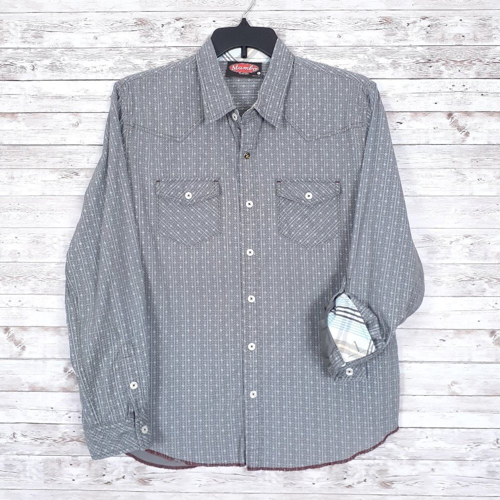 Mambo Mens Button Up Shirt L Music Note Snap Gray 578A